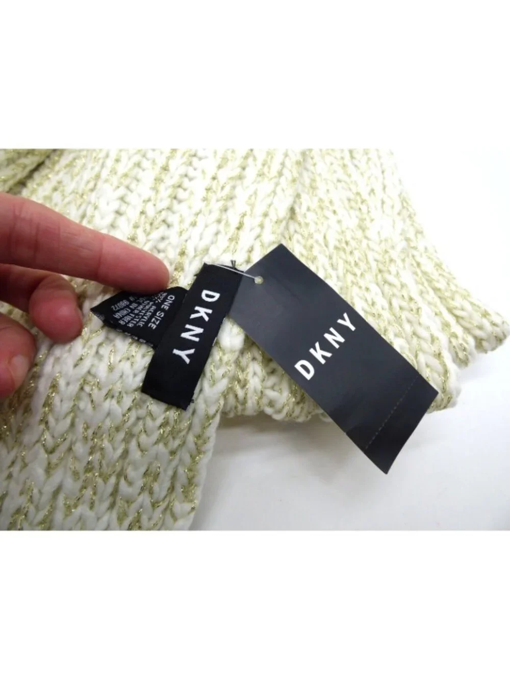 DKNY Flat-Stud Metallic Rib-Knit Scarf and Beanie Combo  Ivory/Gold